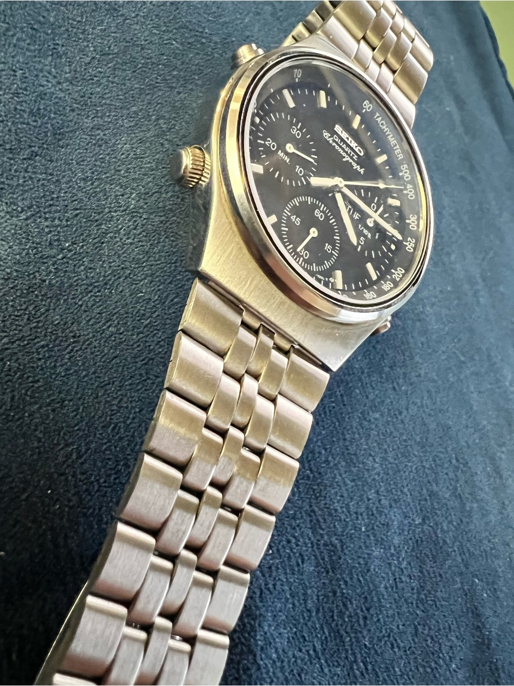 Vintage Seiko Chronograph 7A38-7270 Nov 1988 Quartz Day/Date Black Dial OG Links